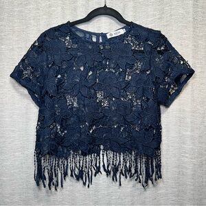 RELIK Navy Floral Lattice Fringe Hem Crop Top Size 40